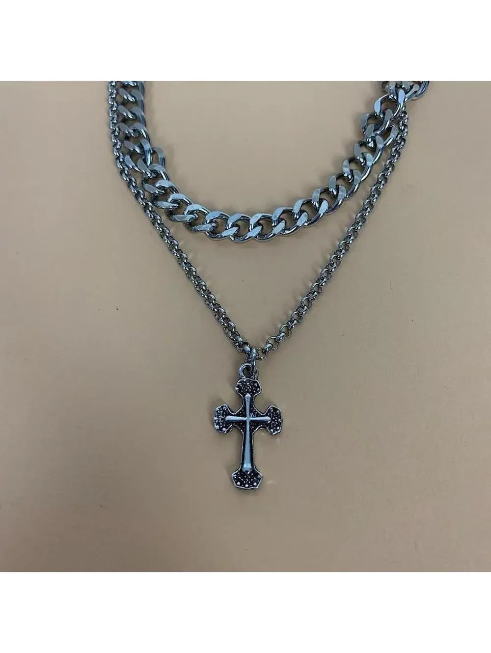 Double layer silver chrome cross chain necklace. Stainless steel. 19.5 inches